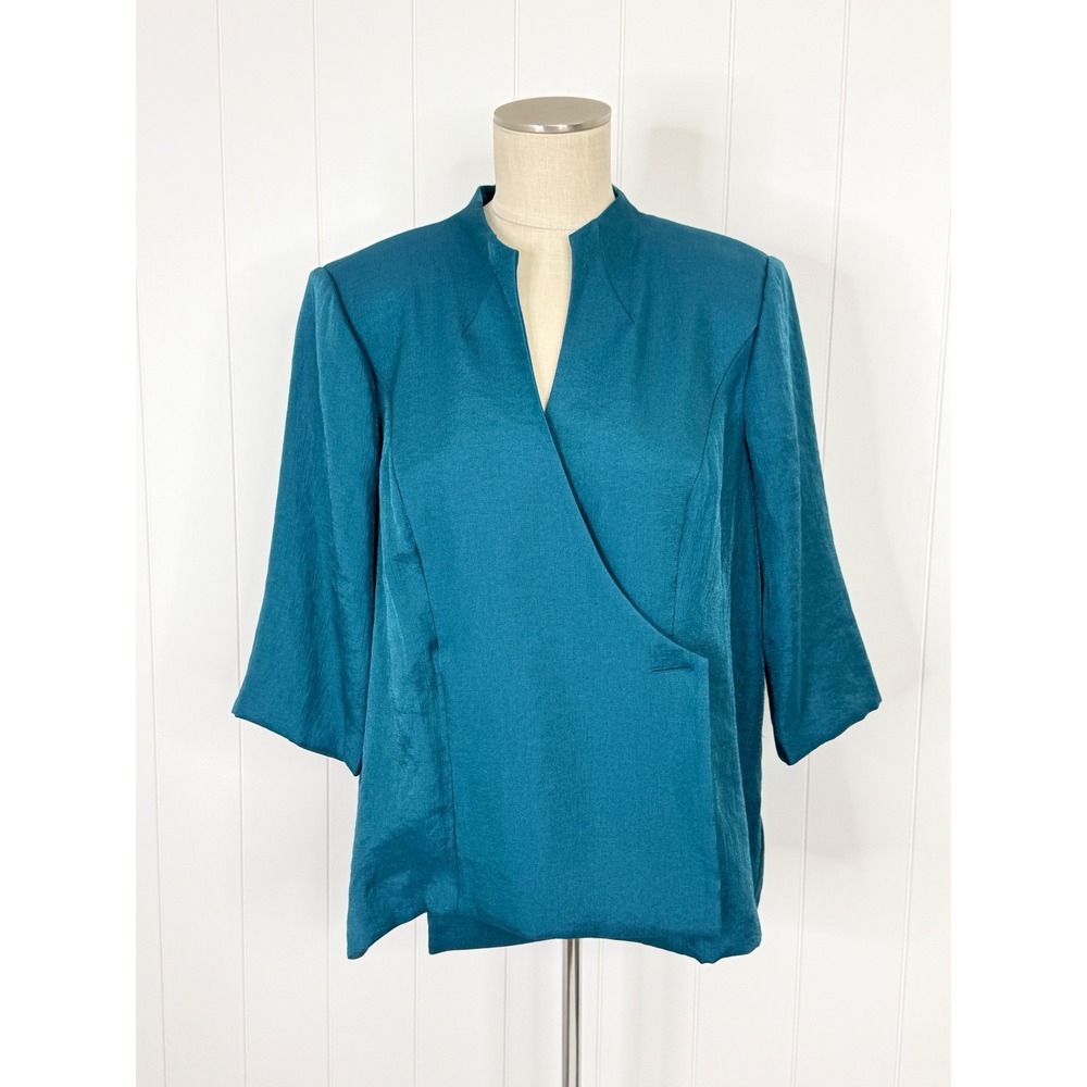 Alex Evenings Teal Crossover Evening Jacket Blazer Women XL Shimmer 3/4 Sleeve